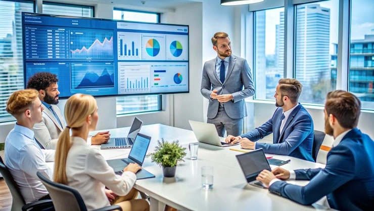 business people meeting looking presentation screen 9975 23073