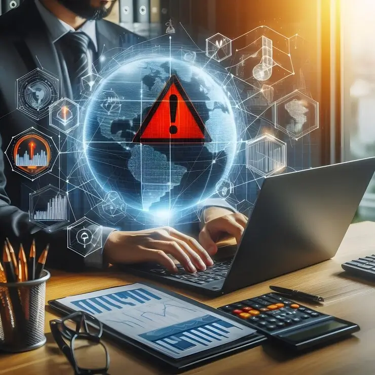 businessman use laptop with virtual world economic growth chart with red warning sign 1139461 18 (1)