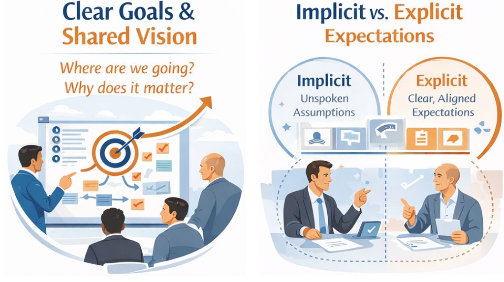 Illustration showing two key habits of high performing teams in Australia: clear goals and shared vision, and implicit versus explicit expectations that improve team alignment and accountability.