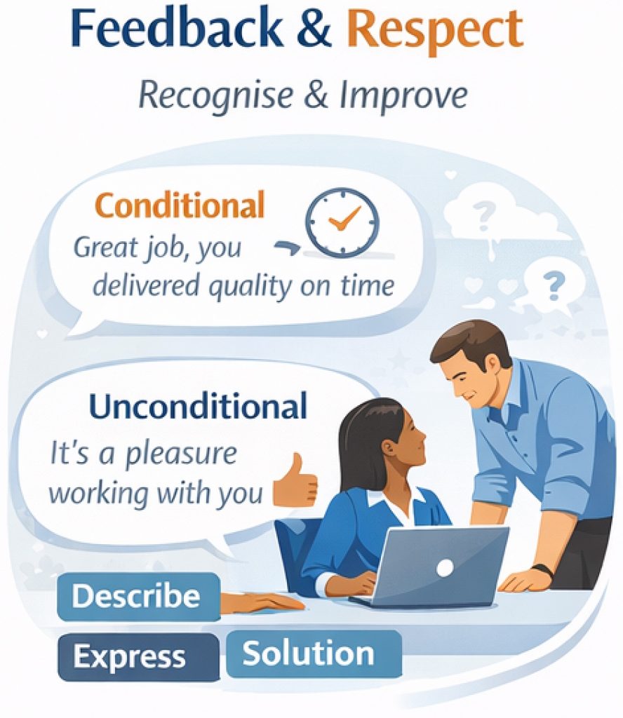 Illustrated feedback and respect framework showing how recognition, communication and constructive feedback help create high performing teams in Australia.