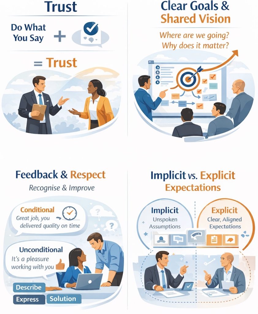 Illustrated diagram explaining the four habits of high performing teams in Australia: trust, clear goals and shared vision, feedback and respect, and implicit versus explicit expectations.