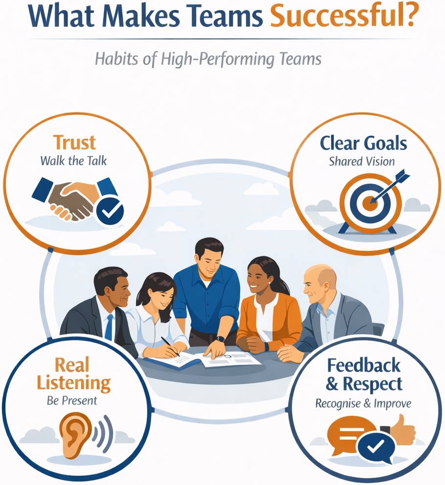 Animated-style diagram showing the habits of high performing teams in Australia, including trust, clear goals, real listening and feedback and respect.