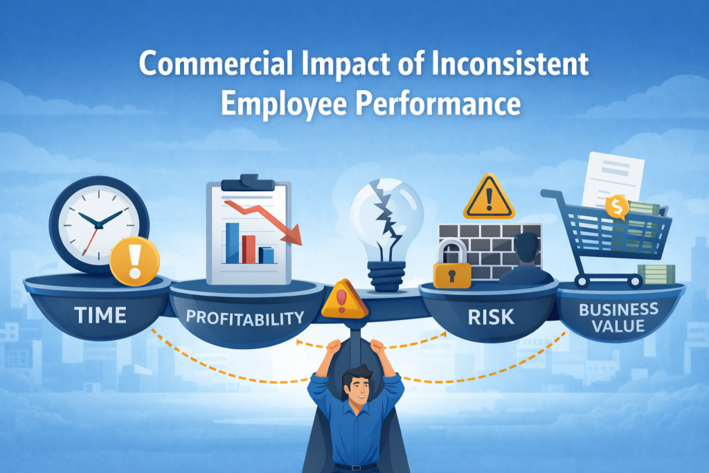 Illustration showing the commercial impact of inconsistent employee performance on time, profitability, risk and business value, reinforcing how maximising employee performance helps business owners reduce operational pressure, improve engagement, retain talent and drive sustainable business growth.