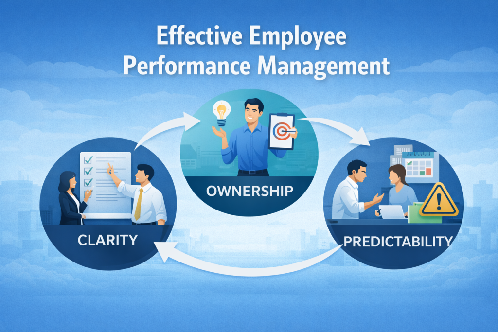 Illustration showing effective employee performance management through clarity, ownership and predictability, highlighting how maximising employee performance helps business owners improve accountability, strengthen engagement, retain talented employees and create more consistent business results.