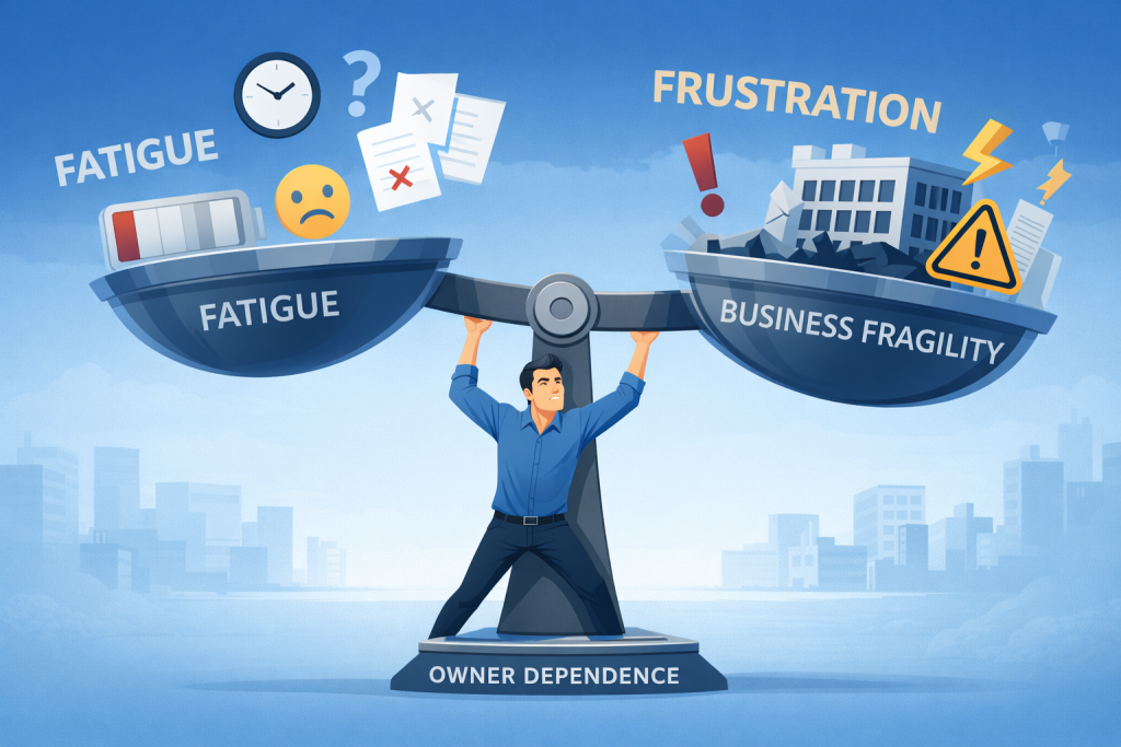 Illustration of a business owner balancing fatigue, frustration and business fragility on a scale, representing the risks of owner dependency and the importance of maximising employee performance through accountability and stronger business systems.