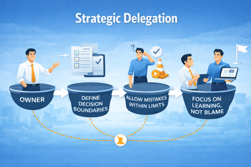 Illustration showing a strategic delegation process where business owners define decision boundaries, allow learning through controlled mistakes and empower staff accountability, demonstrating how maximising employee performance supports engagement, leadership development and long-term business growth.