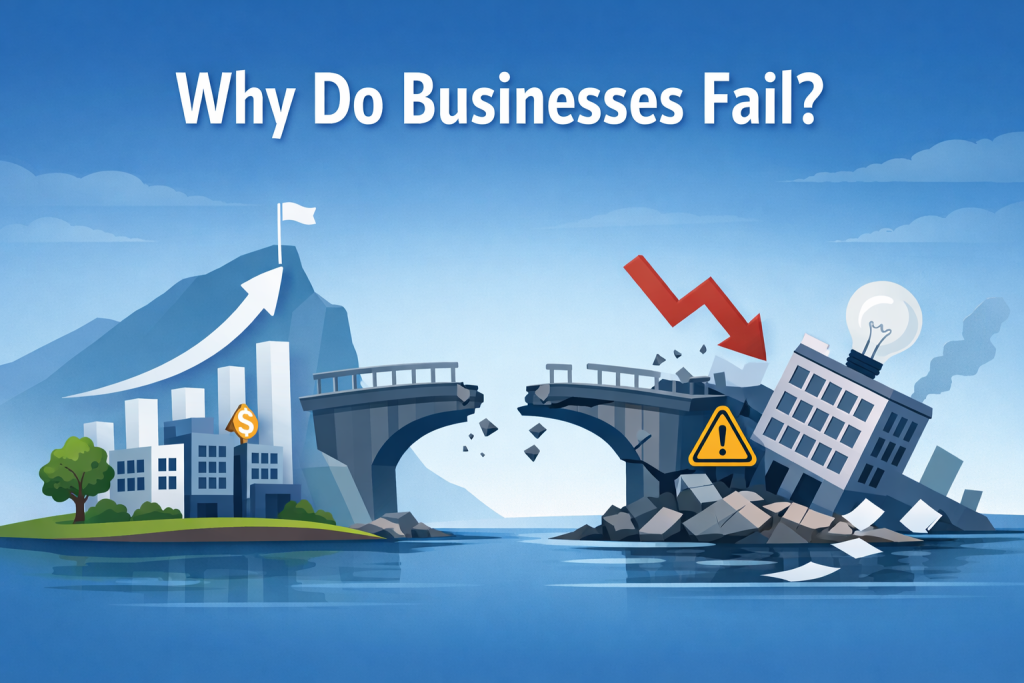 Illustration showing two contrasting business outcomes, one growing and one collapsing, highlighting the importance of maximising employee performance, leadership clarity and strong business systems for long-term success.