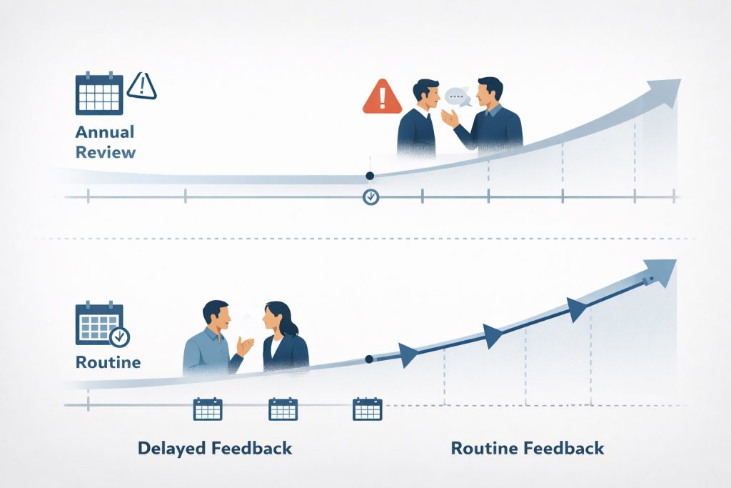 Employee recognition and feedback comparison showing how routine feedback improves performance while delayed feedback creates business risks.