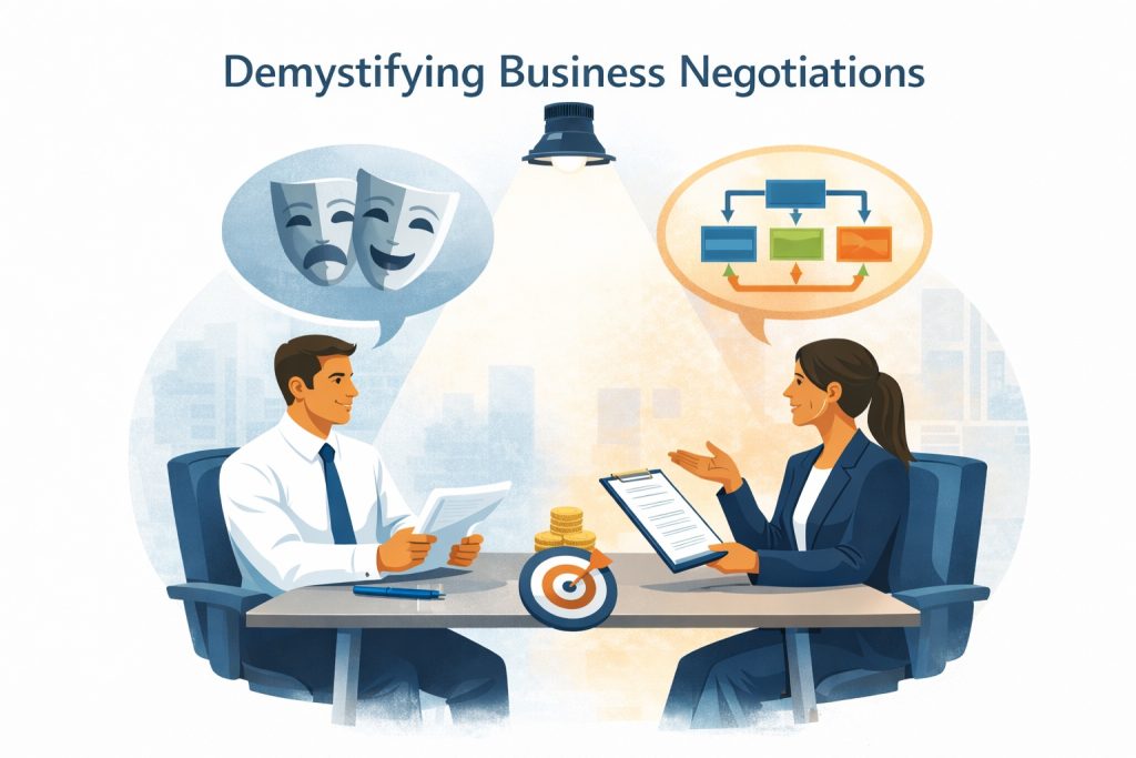 Illustration showing that business negotiation skills are an everyday part of business ownership, highlighting negotiations with suppliers, clients, landlords, staff, lenders and business partners to reinforce that successful negotiation is about achieving stronger commercial outcomes rather than simply winning arguments.
