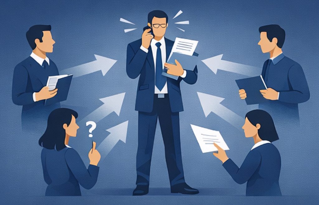 Illustration showing employee recognition and feedback challenges as team members communicate expectations and performance concerns.