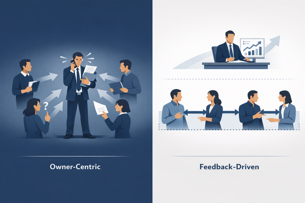 Employee recognition and feedback comparison showing the shift from an owner-centric business to a feedback-driven, scalable organisation.