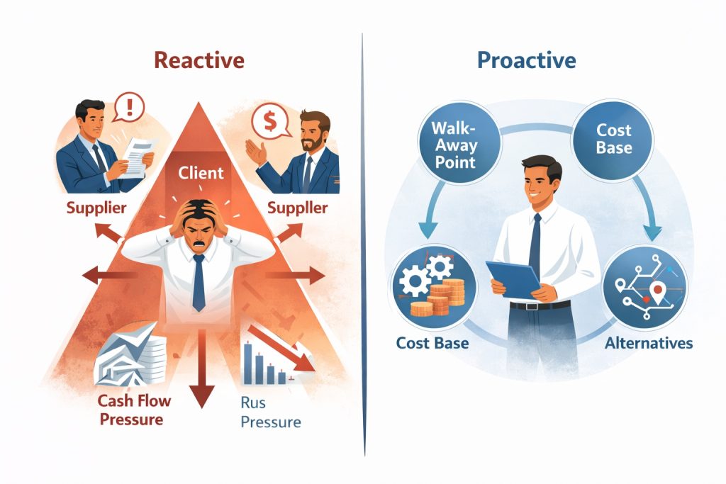 Illustration showing a business owner negotiating reactively under pressure versus proactively, emphasising how preparation, understanding your walk-away point and assessing alternatives are essential business negotiation skills that protect profit margins and create stronger commercial outcomes.