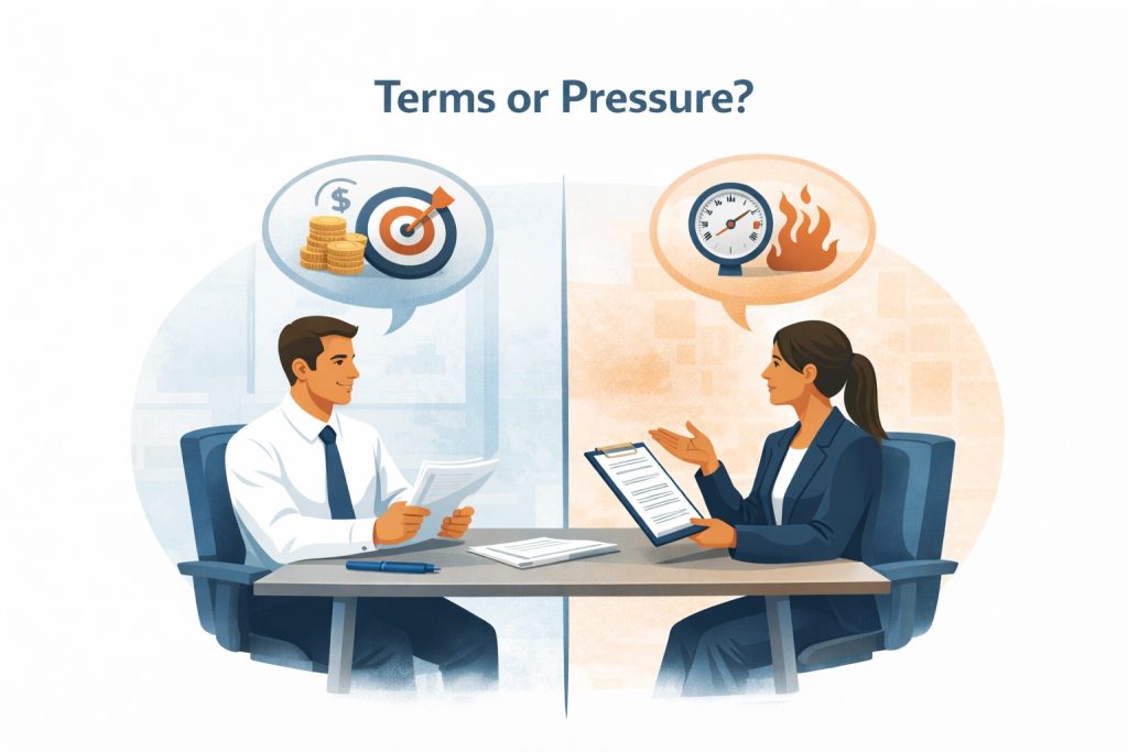 Illustration showing two business professionals reaching a mutually beneficial agreement, demonstrating how business negotiation skills built on respectful communication, clear boundaries and factual discussions strengthen long-term business relationships rather than strain them.