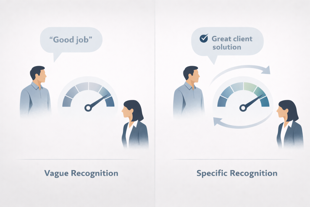 Employee recognition and feedback example demonstrating the difference between vague praise and specific recognition that drives performance.
