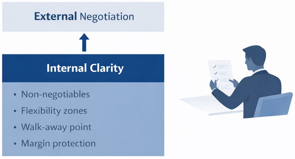 Diagram showing that win-win negotiation strategies begin with internal clarity by defining non-negotiables, flexibility zones, walk-away points and margin protection before entering commercial negotiations.