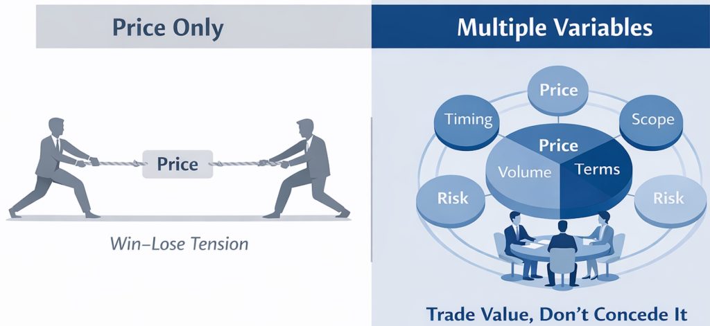 Illustration comparing price-only negotiations with win-win negotiation strategies that consider price, timing, scope and risk, demonstrating how trading value creates better commercial outcomes than making price concessions.