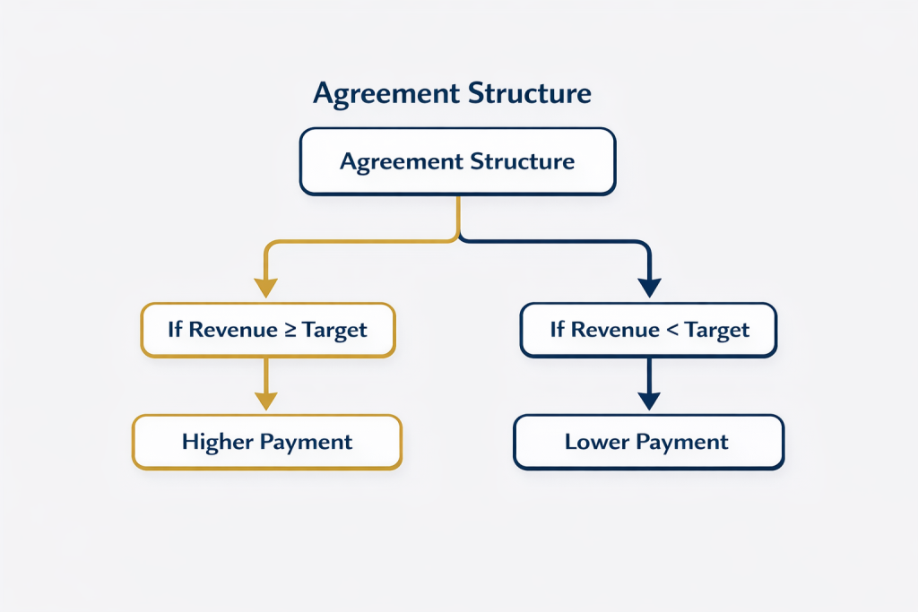 Agreement structure showing how contingent contracts link payment to measurable revenue outcomes, with higher payment when revenue meets the target and lower payment when it falls below, avoiding arguments over uncertain forecasts.