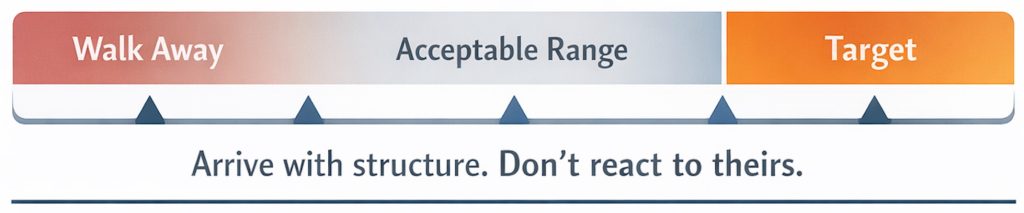 Negotiation range showing walk-away point, acceptable range and target, demonstrating how preparing your own commercial parameters helps overcome negotiation bias, avoid anchoring and protect margins.