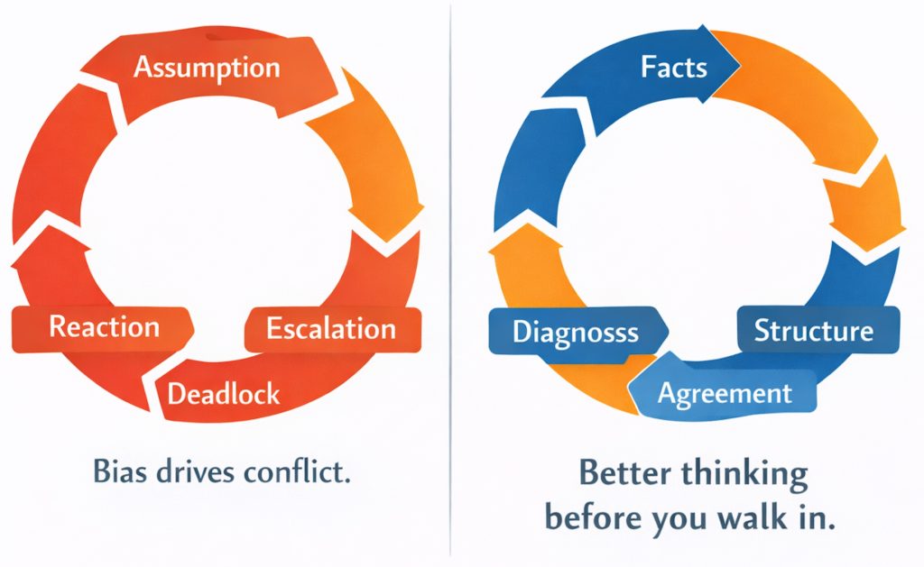 Diagram showing how negotiation bias can turn assumptions into reactions, escalation and deadlock, compared with using facts, diagnosis and structure to reach stronger commercial agreements.