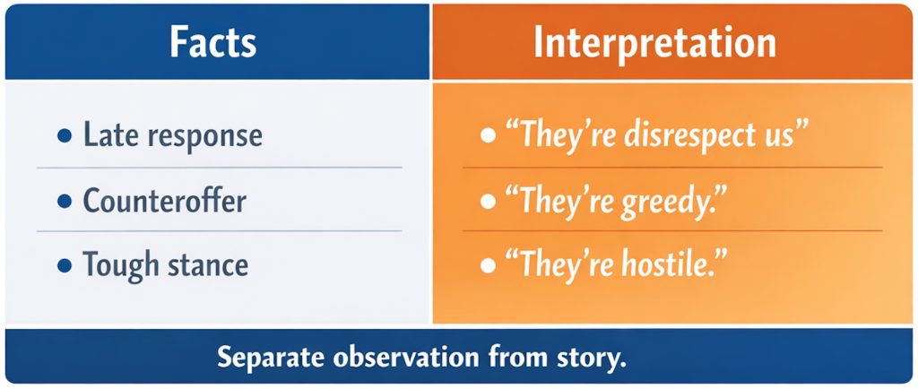 Facts versus interpretation table showing how negotiation bias can turn a late response, counteroffer or tough stance into assumptions about disrespect, greed or hostility, reinforcing the need to separate observation from interpretation/story.