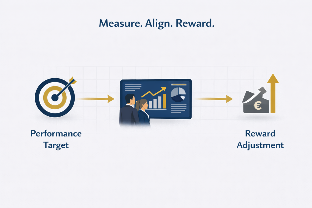 “Measure. Align. Reward.” diagram showing how contingent contracts connect performance targets and measurable results to reward adjustments, helping align incentives and improve accountability between parties.