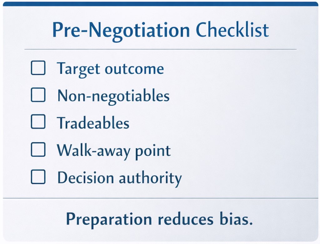 Pre-negotiation checklist covering target outcome, non-negotiables, tradeables, walk-away point and decision authority, showing how preparation reduces negotiation bias and prevents reactive commercial decisions.