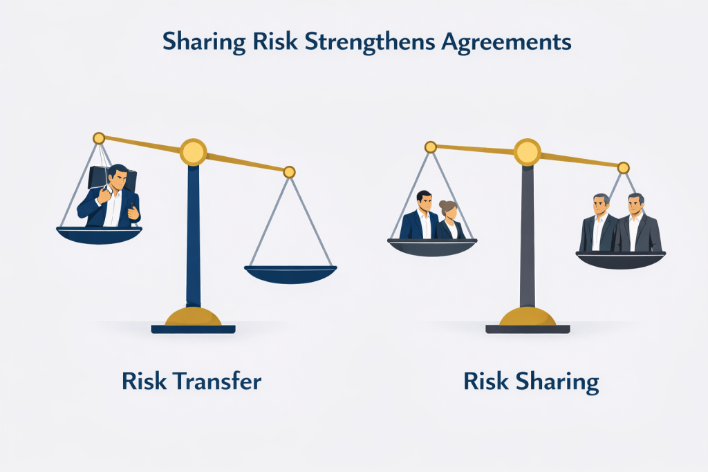 “Sharing Risk Strengthens Agreements” illustration comparing risk transfer with risk sharing, demonstrating how contingent contracts can distribute commercial risk between parties when future costs or conditions are uncertain.