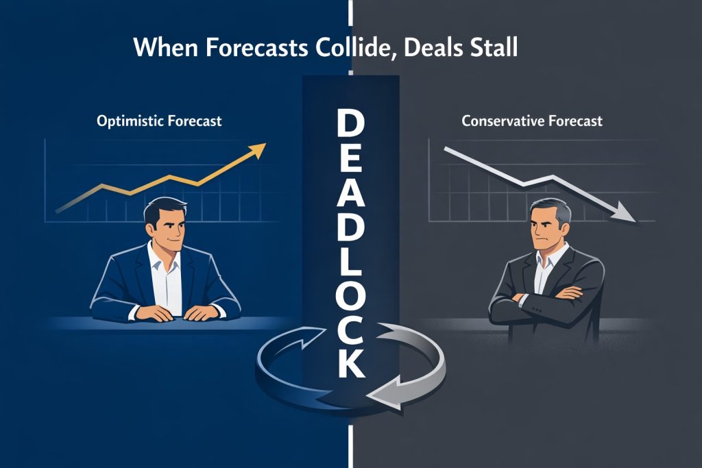 Illustration titled “When Forecasts Collide, Deals Stall” showing optimistic and conservative forecasts creating a negotiation deadlock, and how contingent contracts can help business owners move beyond conflicting projections and reach an agreement.